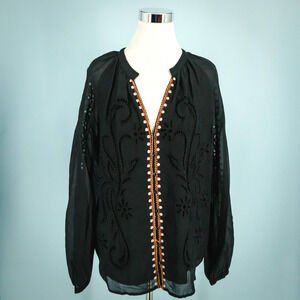 Johnny Was Jade Size Medium M Black Embroidered Long Sleeve Cotton Silk Top